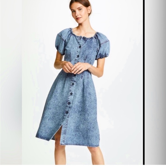 SEA New York Jocelyn Acid Wash Denim Puff Sleeve Button Front w/Pockets Dress - Picture 3 of 8